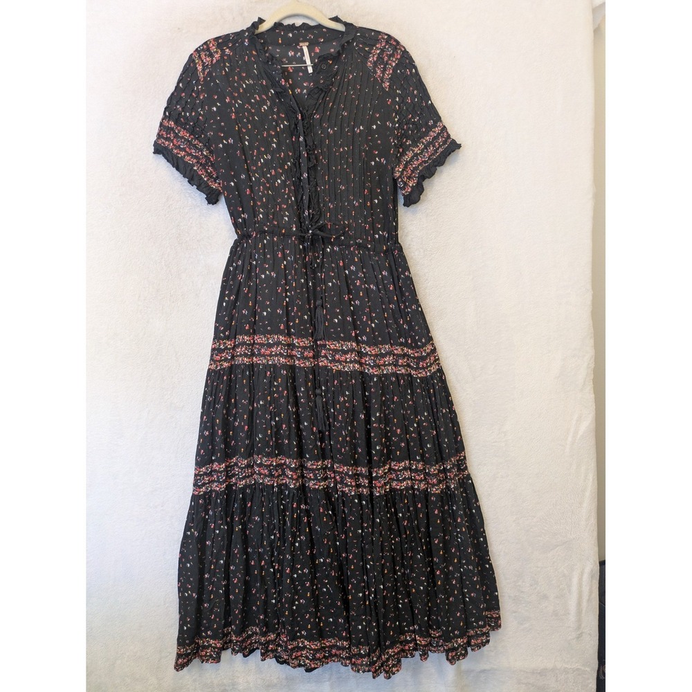 Free People Rare Feelings Maxi Dress Women's Small Black Floral Tassel Boho
